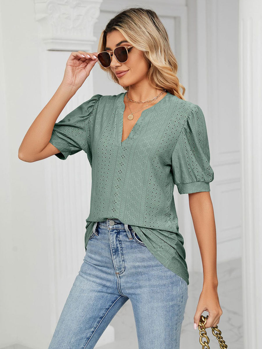 Short Sleeves Tees Blush Pink V-Neck Women Tee Shirt