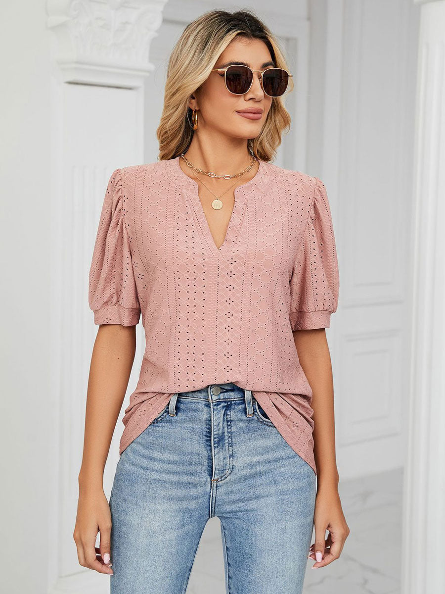 Short Sleeves Tees Blush Pink V-Neck Women Tee Shirt