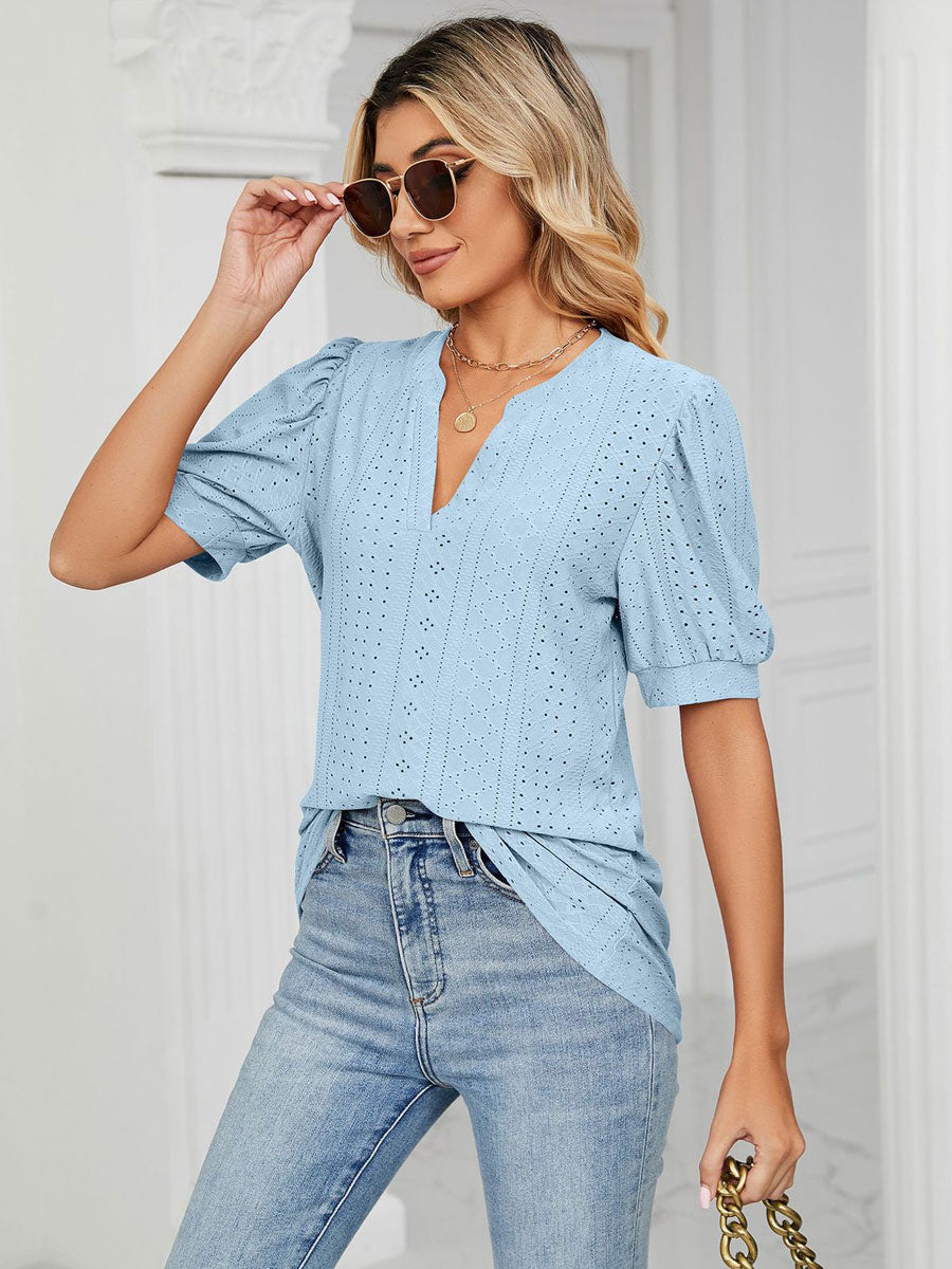 Short Sleeves Tees Blush Pink V-Neck Women Tee Shirt