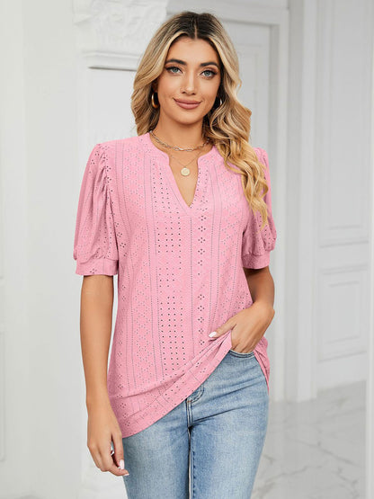 Short Sleeves Tees Blush Pink V-Neck Women Tee Shirt