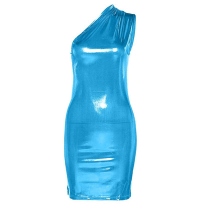 Metallic One-Shoulder Ruched Bodycon Mini Dress