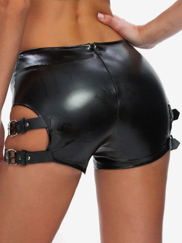 Clubwear Metal Details Sexy Black PU Leather Bottoms