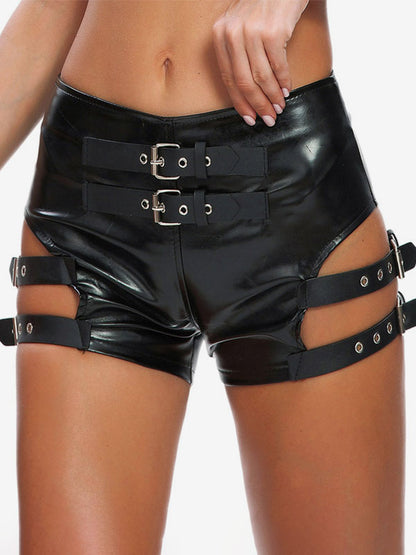 Clubwear Metal Details Sexy Black PU Leather Bottoms