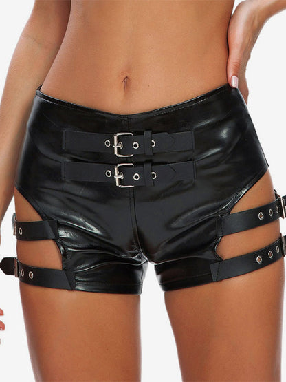 Clubwear Metal Details Sexy Black PU Leather Bottoms