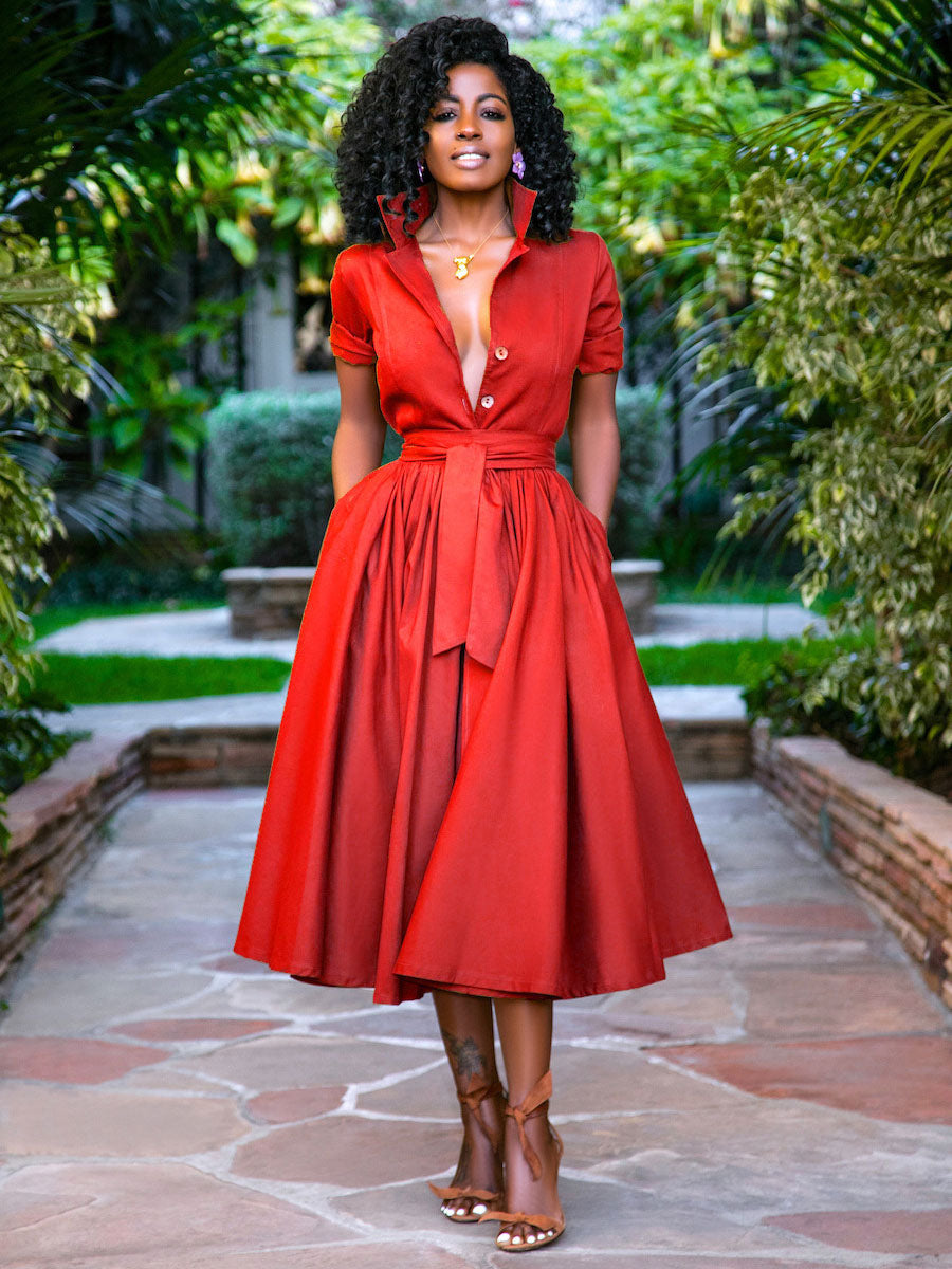 Midi Shirt Dresses Orange Stand Collar Sash Short Sleeves Layered Dress