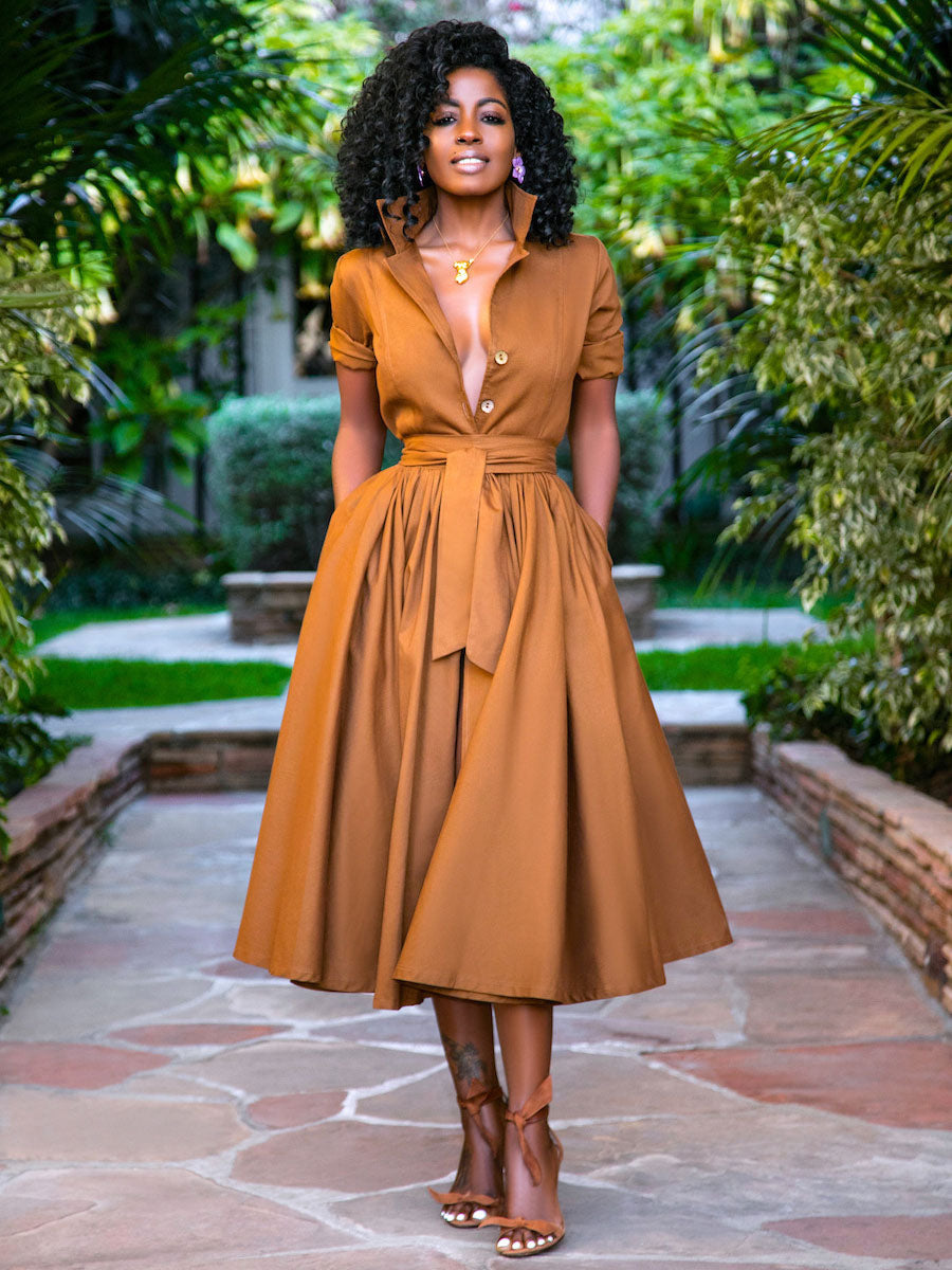 Midi Shirt Dresses Orange Stand Collar Sash Short Sleeves Layered Dress