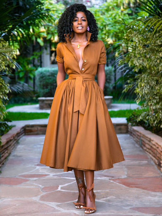 Midi Shirt Dresses Orange Stand Collar Sash Short Sleeves Layered Dress