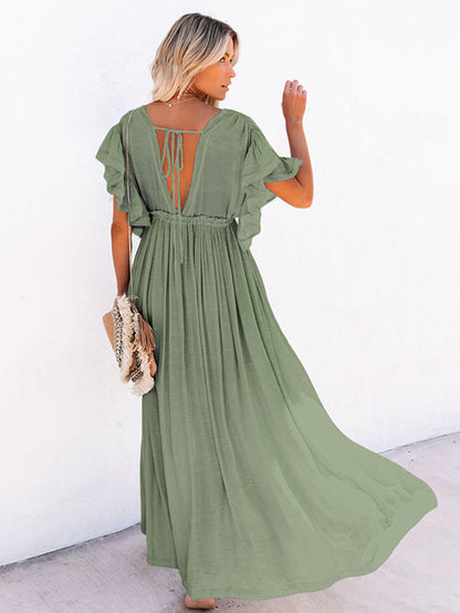 Boho Maxi Dress for Women - Deep V Neck Ruffle Sleeve Drawstring Waist Long Gown With Pockets - Summer Beach Vacation 2026