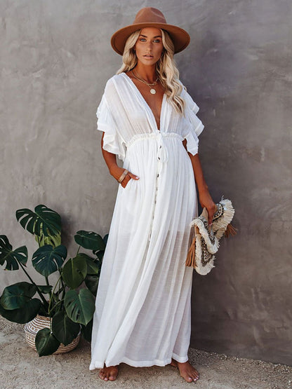 Boho Maxi Dress for Women - Deep V Neck Ruffle Sleeve Drawstring Waist Long Gown With Pockets - Summer Beach Vacation 2026