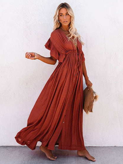 Boho Maxi Dress for Women - Deep V Neck Ruffle Sleeve Drawstring Waist Long Gown With Pockets - Summer Beach Vacation 2026