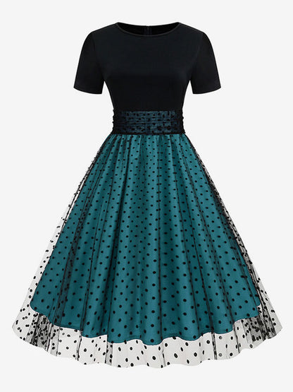 Retro Glamour Dress 1950s Style Jewel Neck Layered Short Sleeves Medium Polka Dot Rockabilly Dress