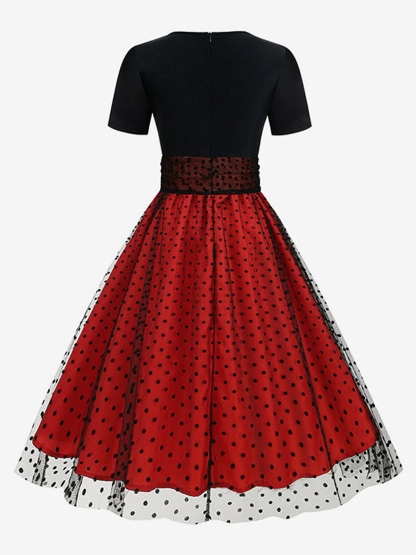 Retro Glamour Dress 1950s Style Jewel Neck Layered Short Sleeves Medium Polka Dot Rockabilly Dress