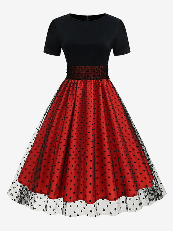Retro Glamour Dress 1950s Style Jewel Neck Layered Short Sleeves Medium Polka Dot Rockabilly Dress