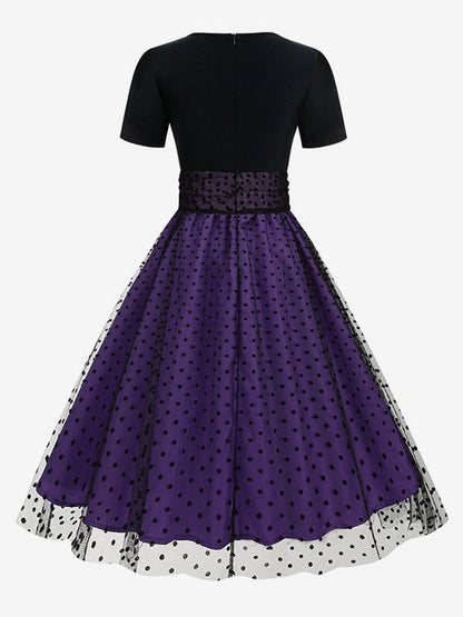 Retro Glamour Dress 1950s Style Jewel Neck Layered Short Sleeves Medium Polka Dot Rockabilly Dress