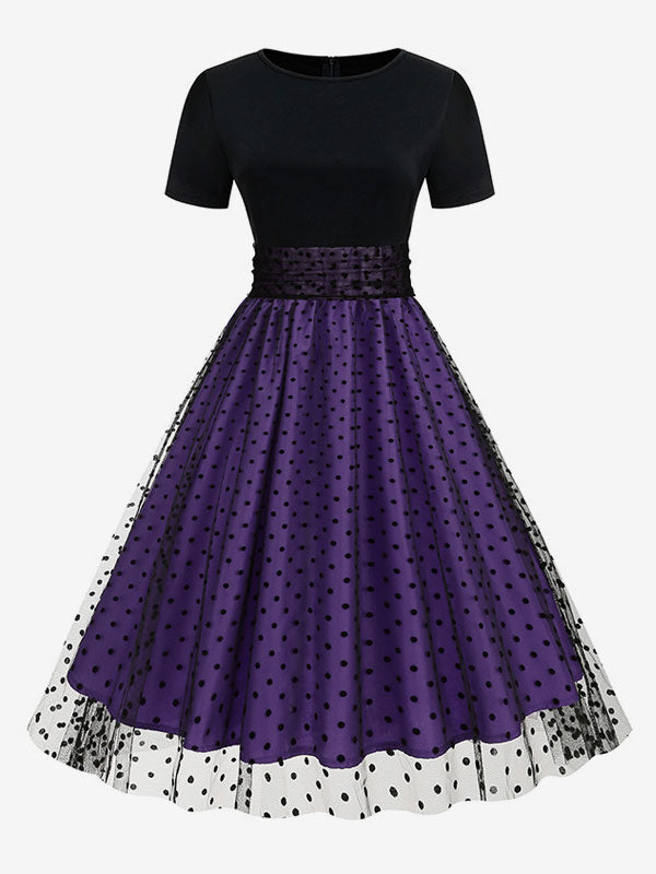 Retro Glamour Dress 1950s Style Jewel Neck Layered Short Sleeves Medium Polka Dot Rockabilly Dress