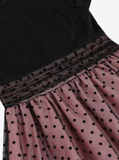 Retro Glamour Dress 1950s Style Jewel Neck Layered Short Sleeves Medium Polka Dot Rockabilly Dress