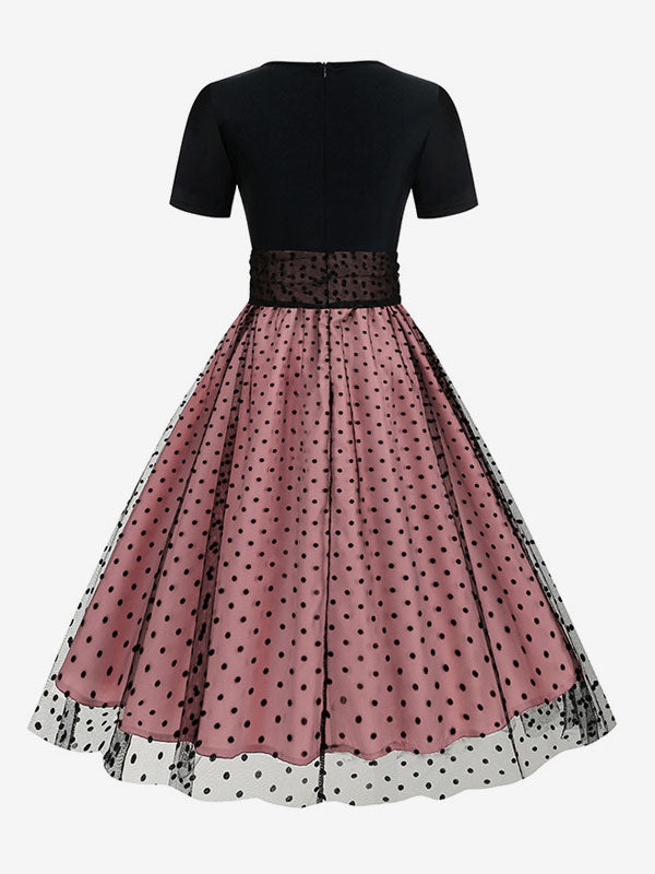 Retro Glamour Dress 1950s Style Jewel Neck Layered Short Sleeves Medium Polka Dot Rockabilly Dress