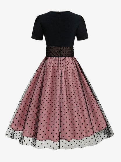 Retro Glamour Dress 1950s Style Jewel Neck Layered Short Sleeves Medium Polka Dot Rockabilly Dress