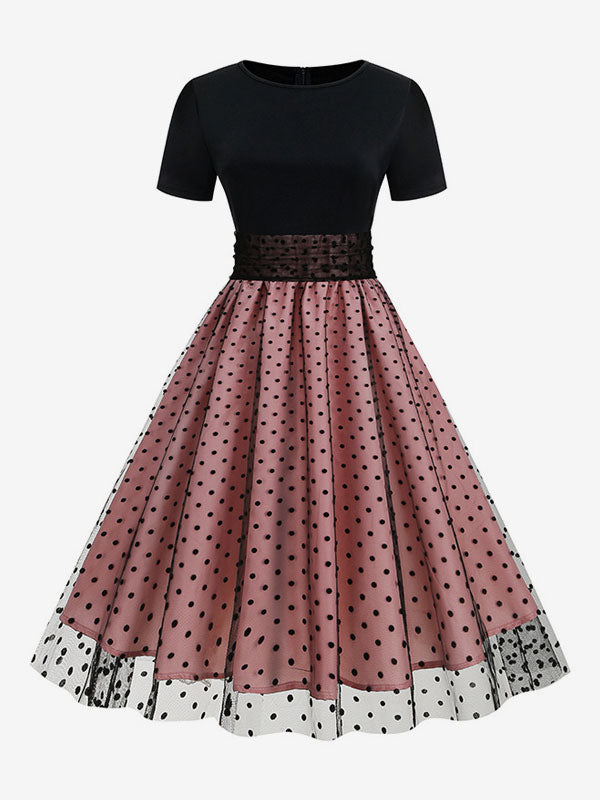 Retro Glamour Dress 1950s Style Jewel Neck Layered Short Sleeves Medium Polka Dot Rockabilly Dress