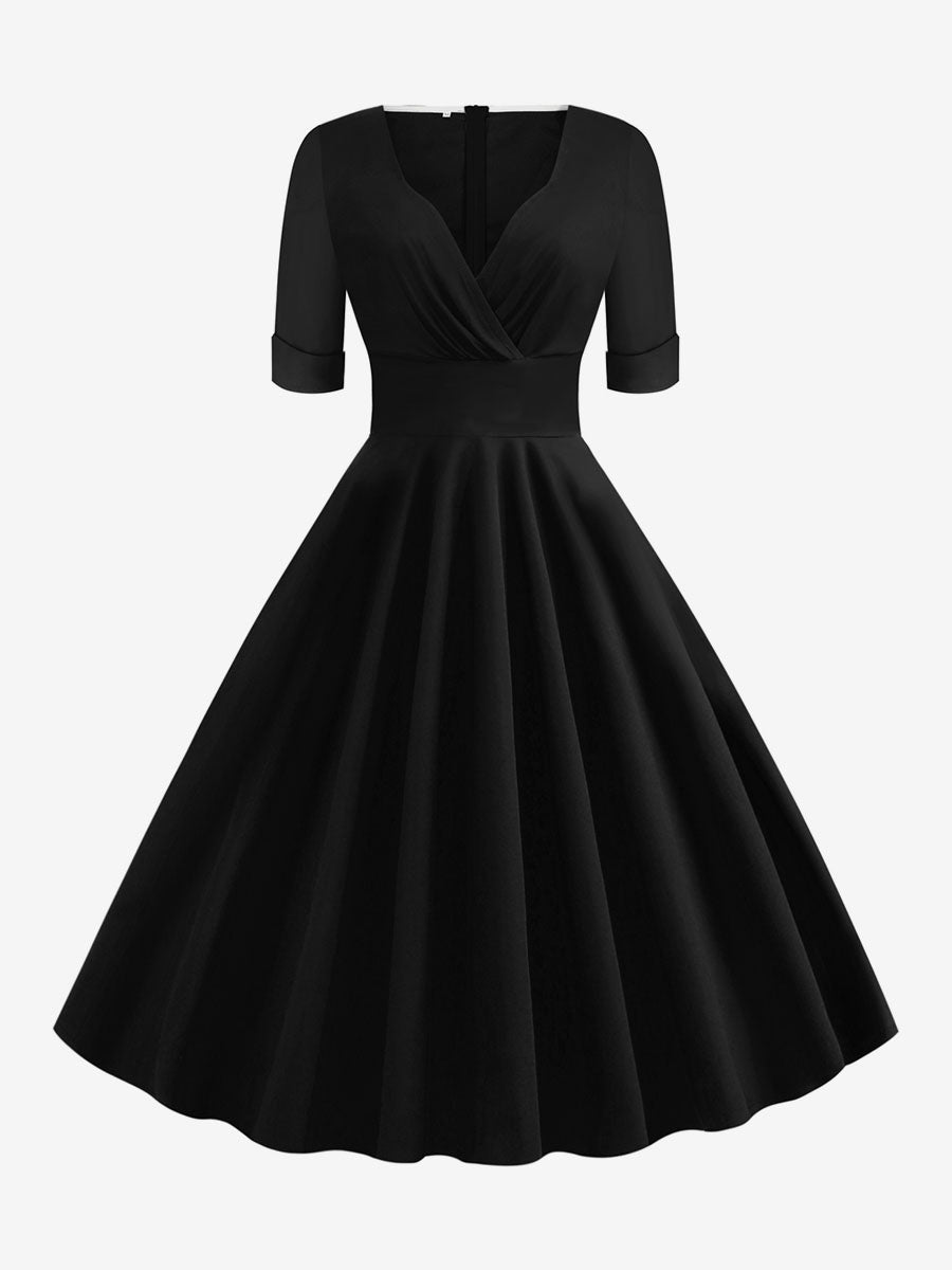 Vintage 1950s Swing Cocktail Dress for Women - V Neck Short Sleeve A-Line Ruched Bust Rockabilly Midi Gown - Wedding Guest 2026