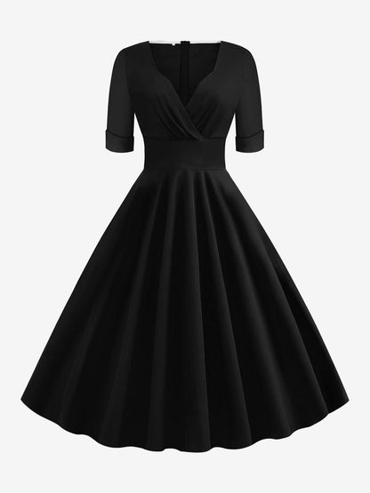 Vintage 1950s Swing Cocktail Dress for Women - V Neck Short Sleeve A-Line Ruched Bust Rockabilly Midi Gown - Wedding Guest 2026