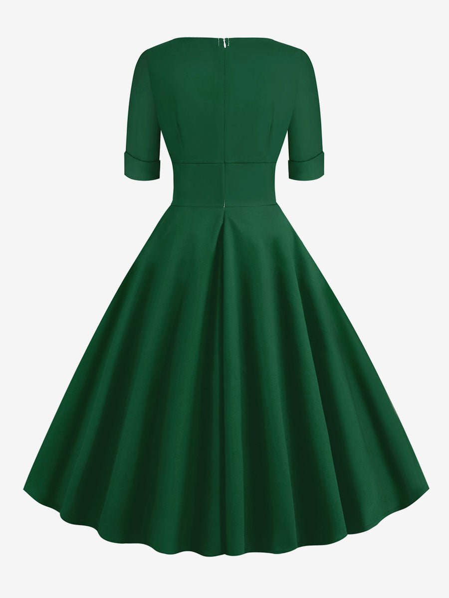 Vintage 1950s Swing Cocktail Dress for Women - V Neck Short Sleeve A-Line Ruched Bust Rockabilly Midi Gown - Wedding Guest 2026