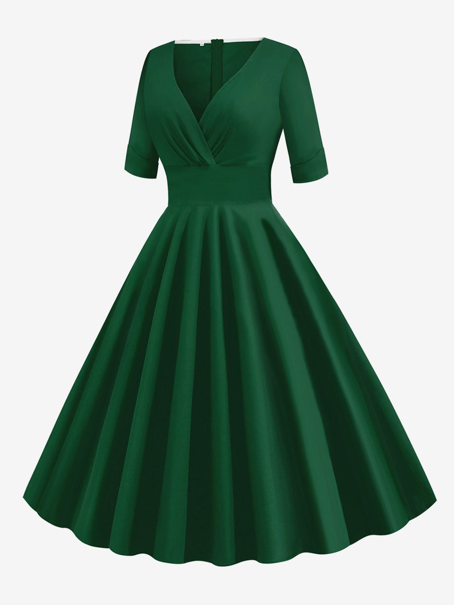 Vintage 1950s Swing Cocktail Dress for Women - V Neck Short Sleeve A-Line Ruched Bust Rockabilly Midi Gown - Wedding Guest 2026
