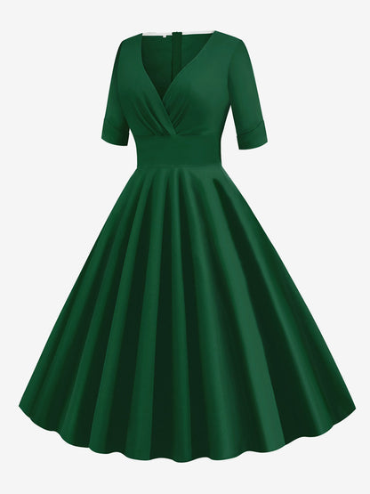 Vintage 1950s Swing Cocktail Dress for Women - V Neck Short Sleeve A-Line Ruched Bust Rockabilly Midi Gown - Wedding Guest 2026