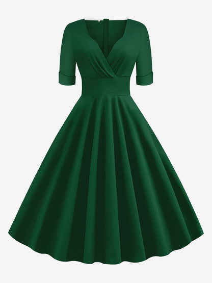 Vintage 1950s Swing Cocktail Dress for Women - V Neck Short Sleeve A-Line Ruched Bust Rockabilly Midi Gown - Wedding Guest 2026