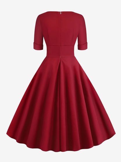 Vintage 1950s Swing Cocktail Dress for Women - V Neck Short Sleeve A-Line Ruched Bust Rockabilly Midi Gown - Wedding Guest 2026