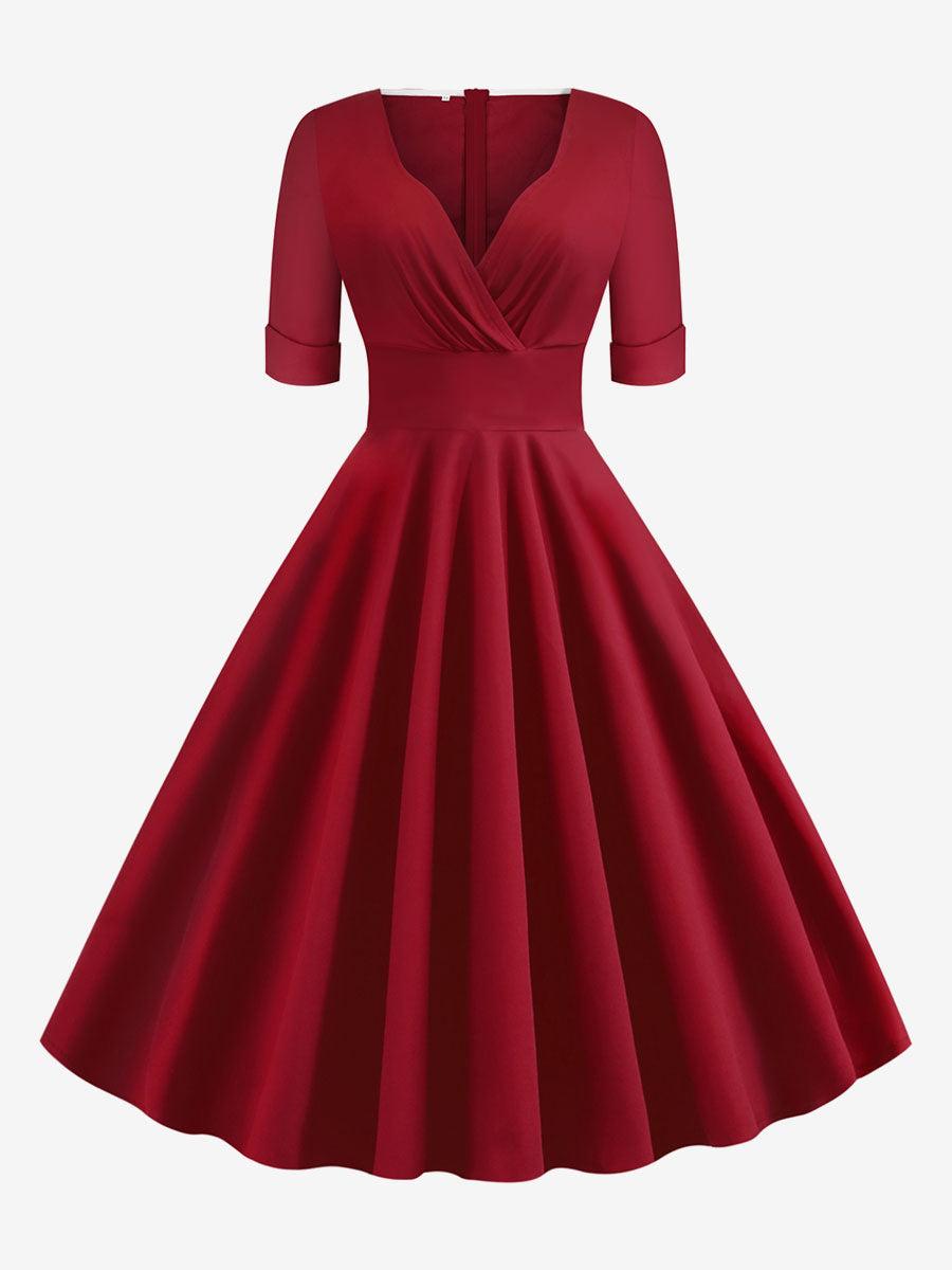 Vintage 1950s Swing Cocktail Dress for Women - V Neck Short Sleeve A-Line Ruched Bust Rockabilly Midi Gown - Wedding Guest 2026