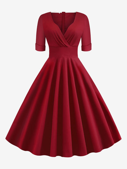 Vintage 1950s Swing Cocktail Dress for Women - V Neck Short Sleeve A-Line Ruched Bust Rockabilly Midi Gown - Wedding Guest 2026