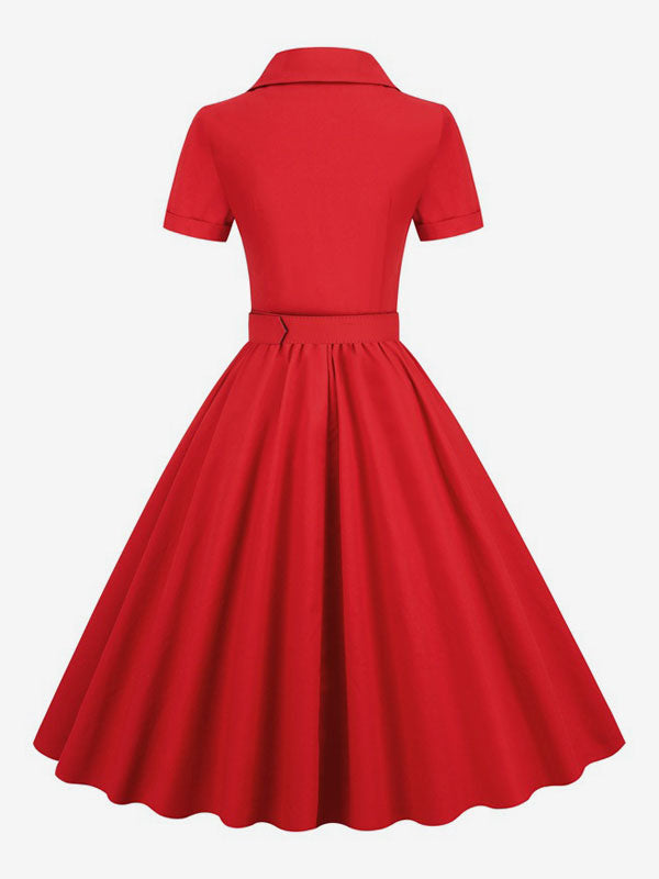 Retro Glamour Dress 1950s Style V-Neck Buttons Layered Short Sleeves Medium Rockabilly Dress