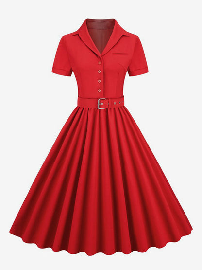 Retro Glamour Dress 1950s Style V-Neck Buttons Layered Short Sleeves Medium Rockabilly Dress