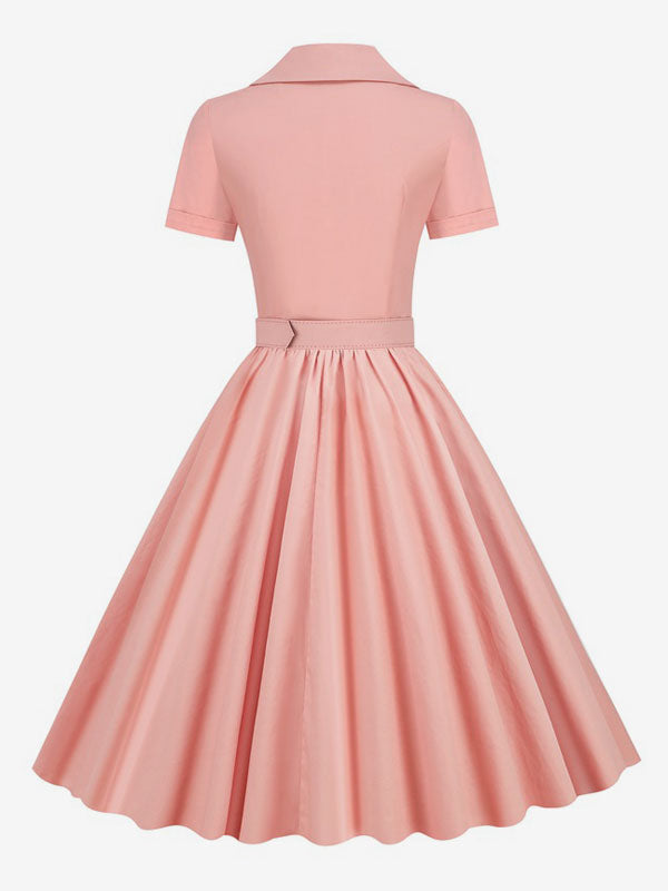 Retro Glamour Dress 1950s Style V-Neck Buttons Layered Short Sleeves Medium Rockabilly Dress