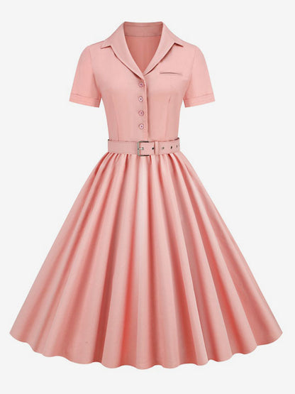 Retro Glamour Dress 1950s Style V-Neck Buttons Layered Short Sleeves Medium Rockabilly Dress