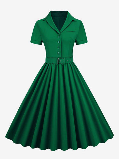 Retro Glamour Dress 1950s Style V-Neck Buttons Layered Short Sleeves Medium Rockabilly Dress