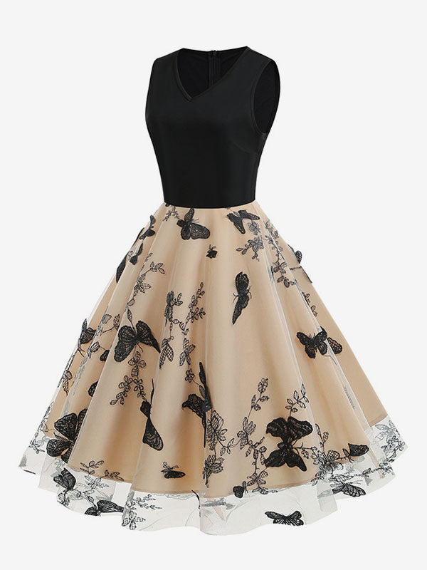 Retro Glamour Dress 1950s Black Two-Tone Layered Embroidered Sleeveless V-Neck Rockabilly Dress