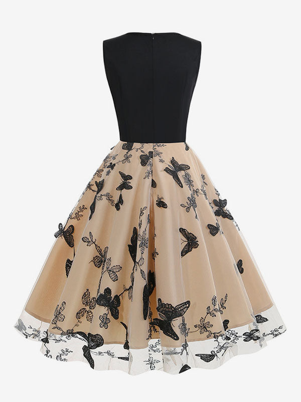 Retro Glamour Dress 1950s Black Two-Tone Layered Embroidered Sleeveless V-Neck Rockabilly Dress