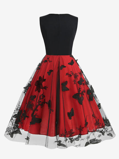 Retro Glamour Dress 1950s Black Two-Tone Layered Embroidered Sleeveless V-Neck Rockabilly Dress
