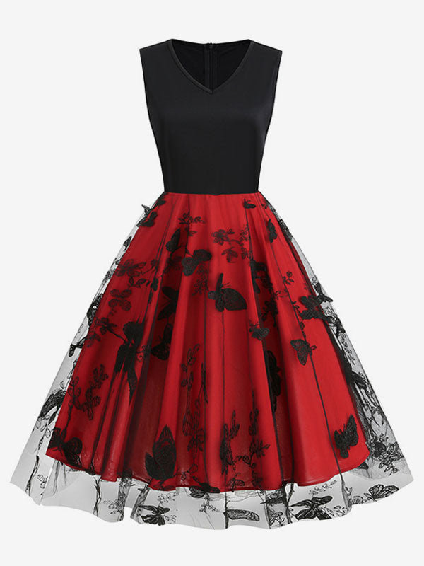 Retro Glamour Dress 1950s Black Two-Tone Layered Embroidered Sleeveless V-Neck Rockabilly Dress