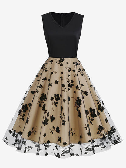 Retro Glamour Dress 1950s Black Two-Tone Layered Embroidered Sleeveless V-Neck Rockabilly Dress
