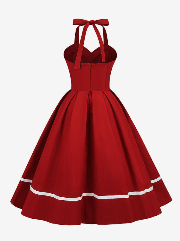 Retro Glamour Dress 1950s Style Burgundy Layered Buttons Sleeveless Sweetheart Neck Swing Dress