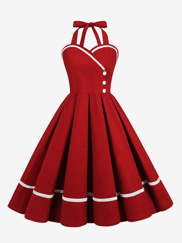Retro Glamour Dress 1950s Style Burgundy Layered Buttons Sleeveless Sweetheart Neck Swing Dress