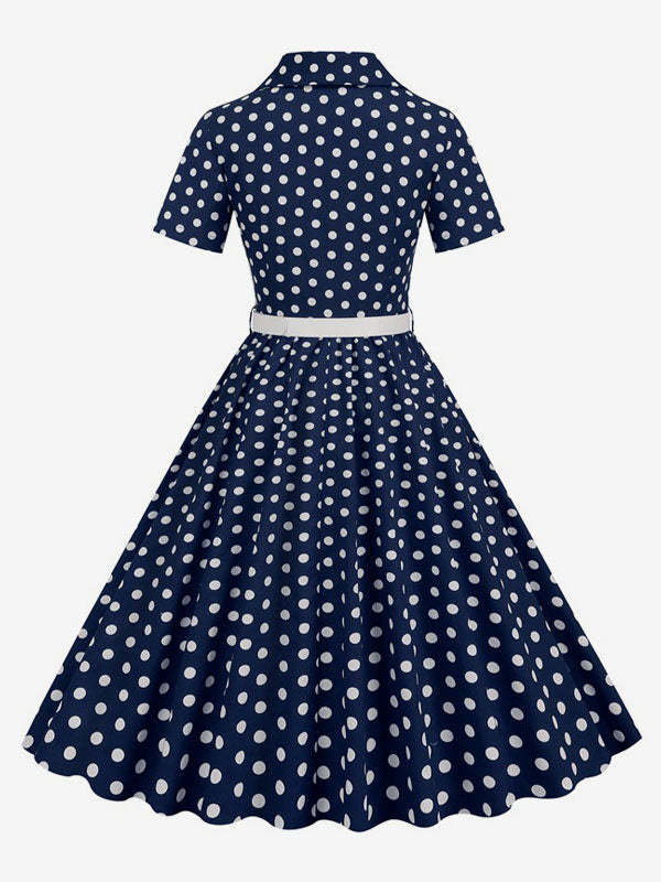 Retro Glamour Dress 1950s Style Turndown Collar Buttons Short Sleeves Polka Dot Swing Dress