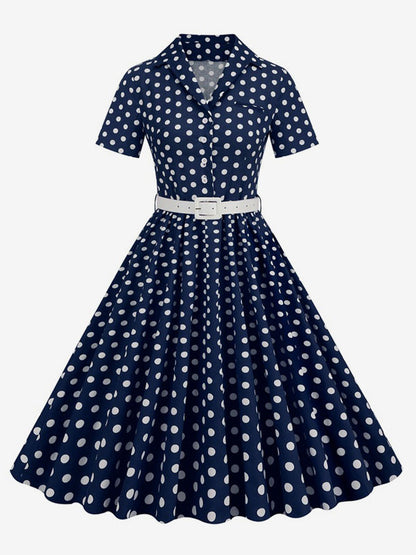 Retro Glamour Dress 1950s Style Turndown Collar Buttons Short Sleeves Polka Dot Swing Dress