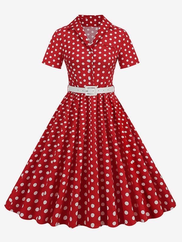 Retro Glamour Dress 1950s Style Turndown Collar Buttons Short Sleeves Polka Dot Swing Dress