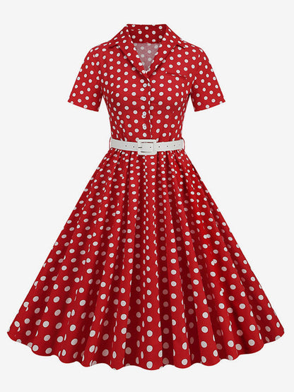 Retro Glamour Dress 1950s Style Turndown Collar Buttons Short Sleeves Polka Dot Swing Dress