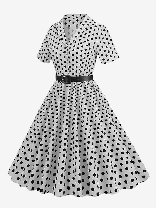 Retro Glamour Dress 1950s Style Turndown Collar Buttons Short Sleeves Polka Dot Swing Dress