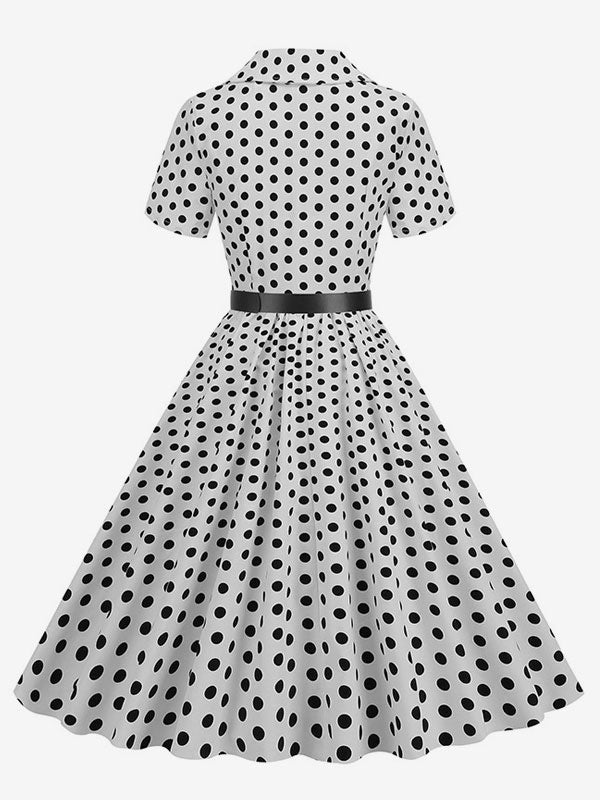 Retro Glamour Dress 1950s Style Turndown Collar Buttons Short Sleeves Polka Dot Swing Dress